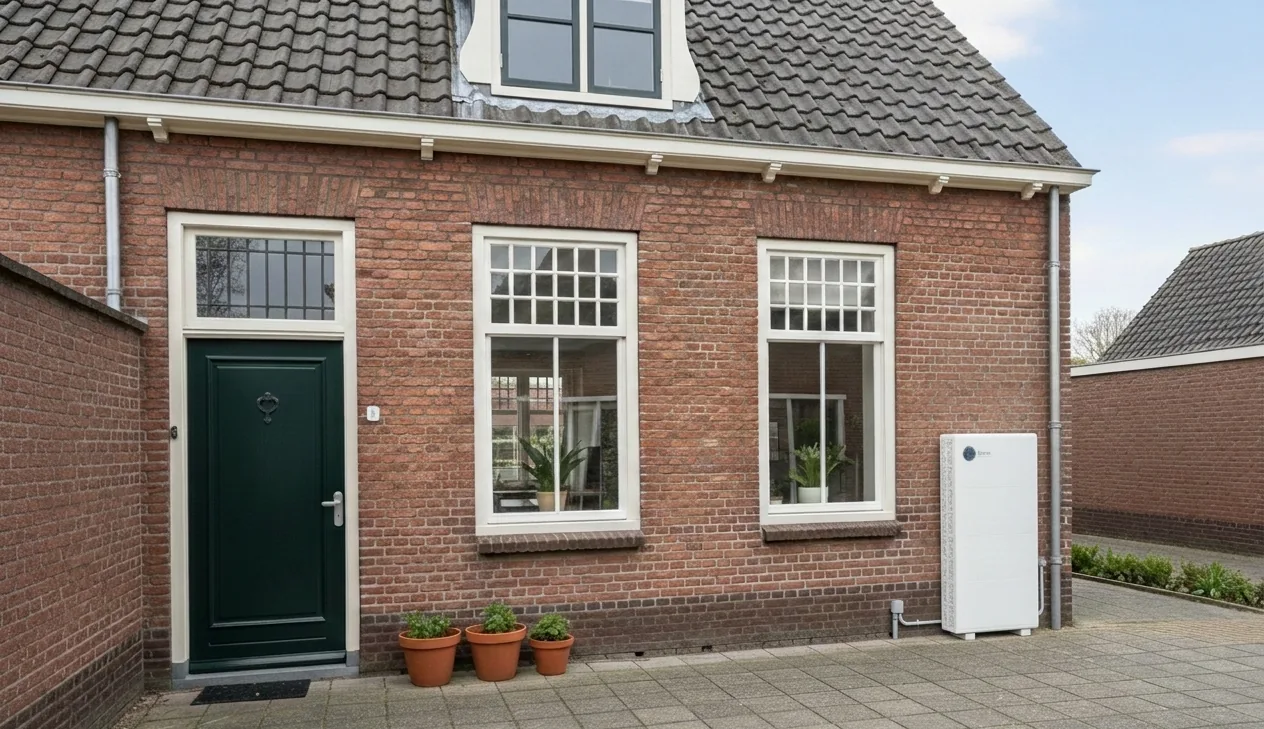 Tureon thuisbatterij gemonteerd aan de gevel van een bakstenen woning
