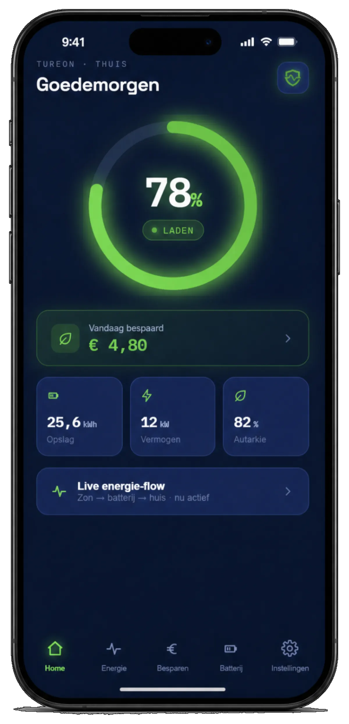 Tureon energie-app met inzicht in opslag, vermogen en besparing