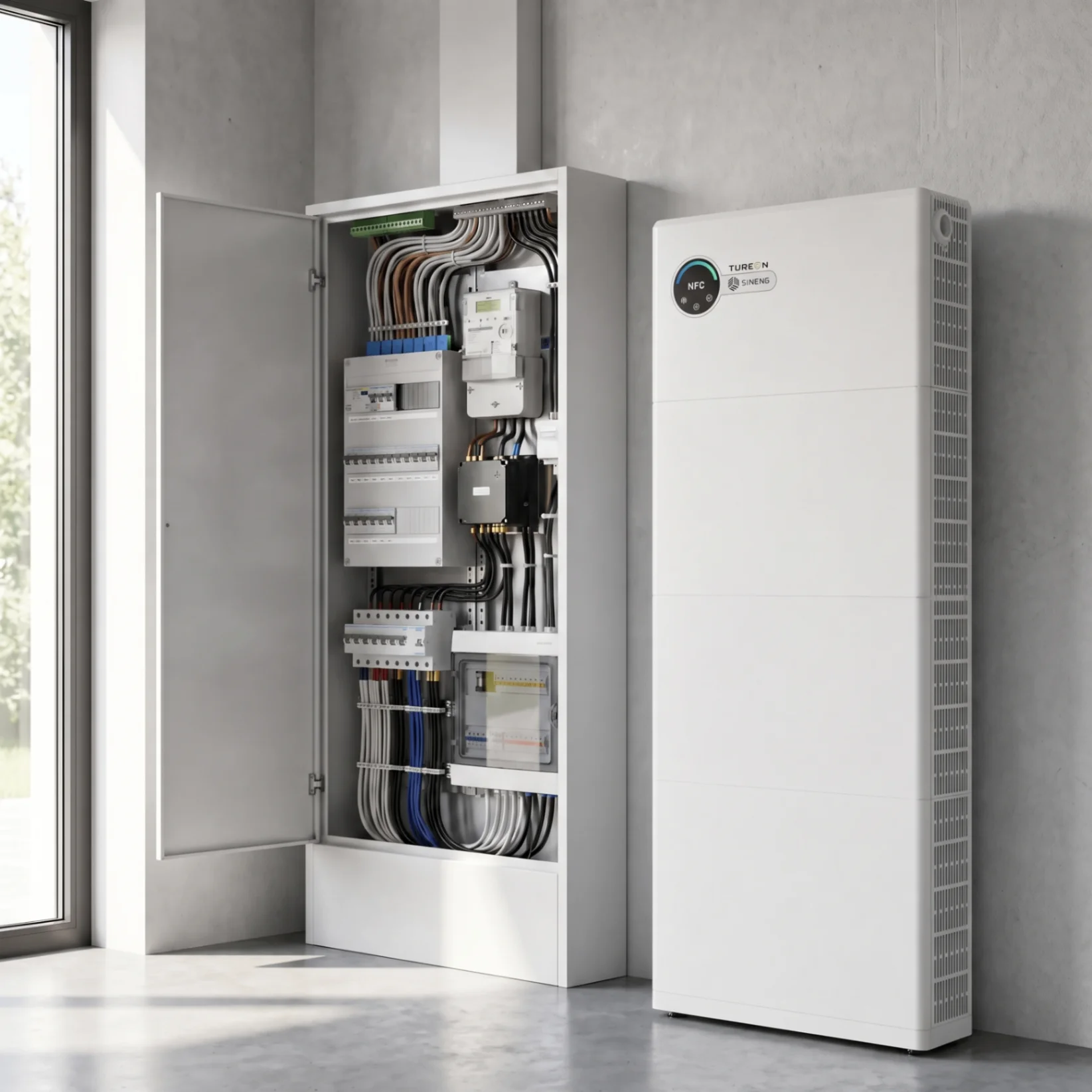Tureon thuisbatterij op de vloer naast een open meterkast met de elektrische aansluiting